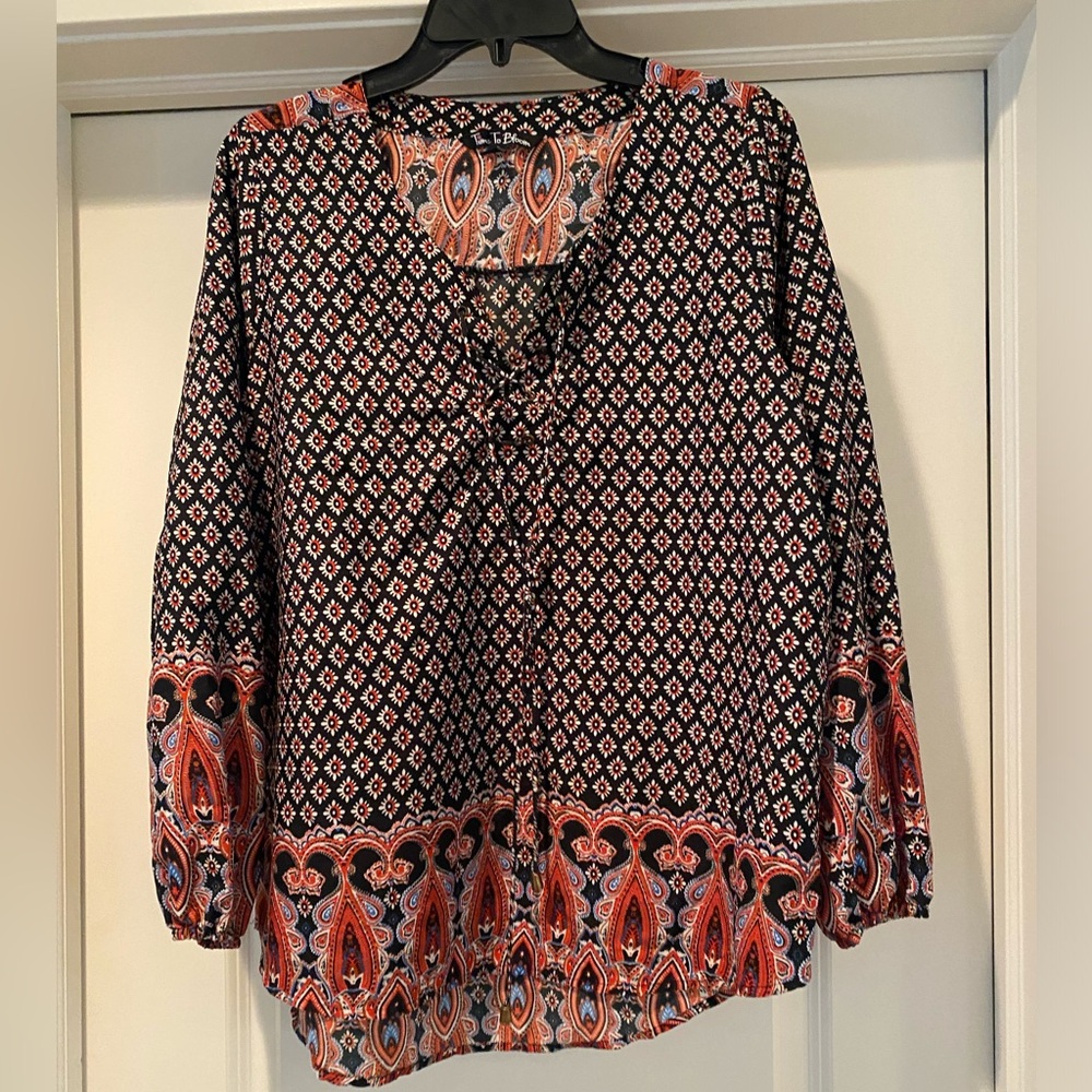 Time To‎ Bloom Women's Paisley Peasant Blouse Size Large Black Floral Tunic Top